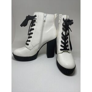 ALDO Geide White Ankle Platform Boots Heels Zip Up Almond Toes‎ Women's Size 8